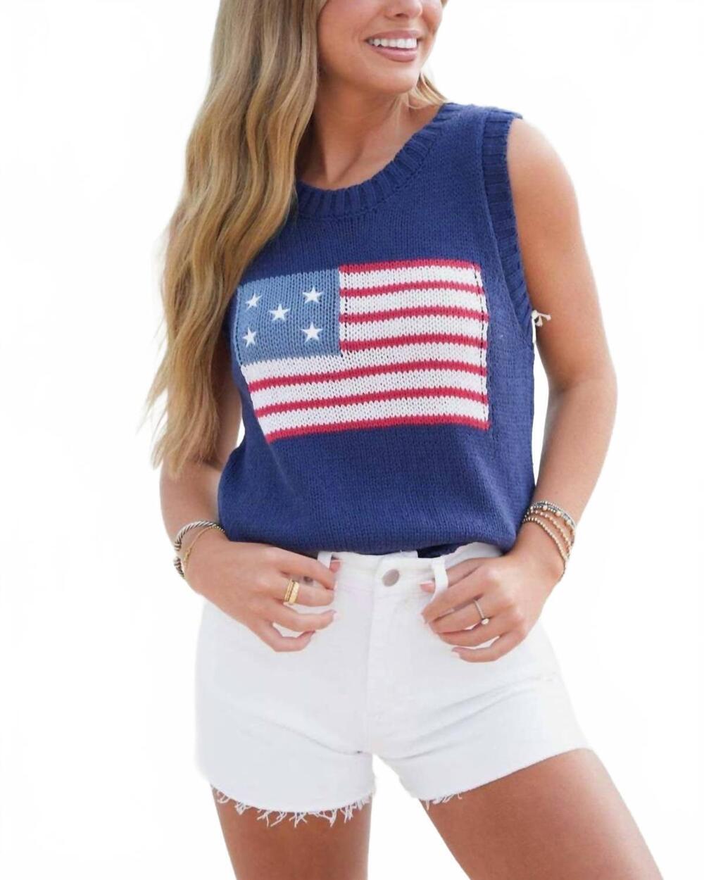 NEW HIDDENBRAND crewneck american flag knit tank top in dark blue